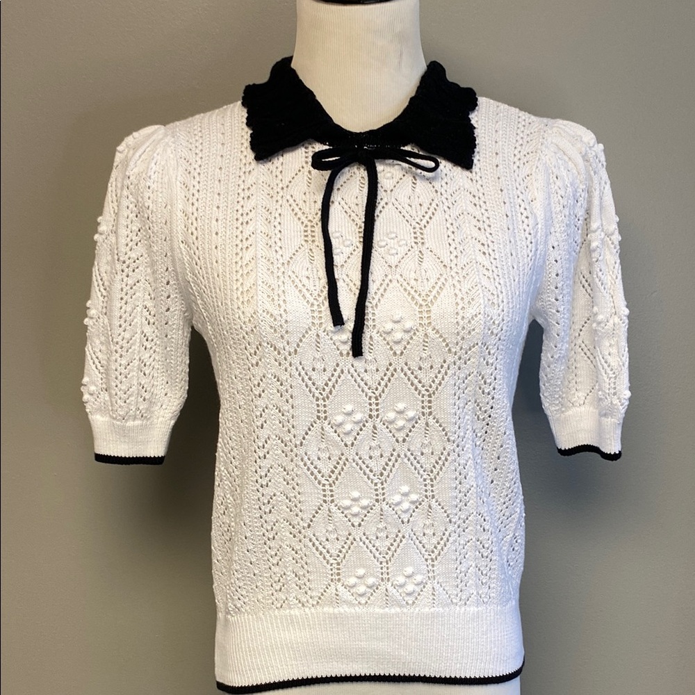 LOFT White Knit Top with Black Accents